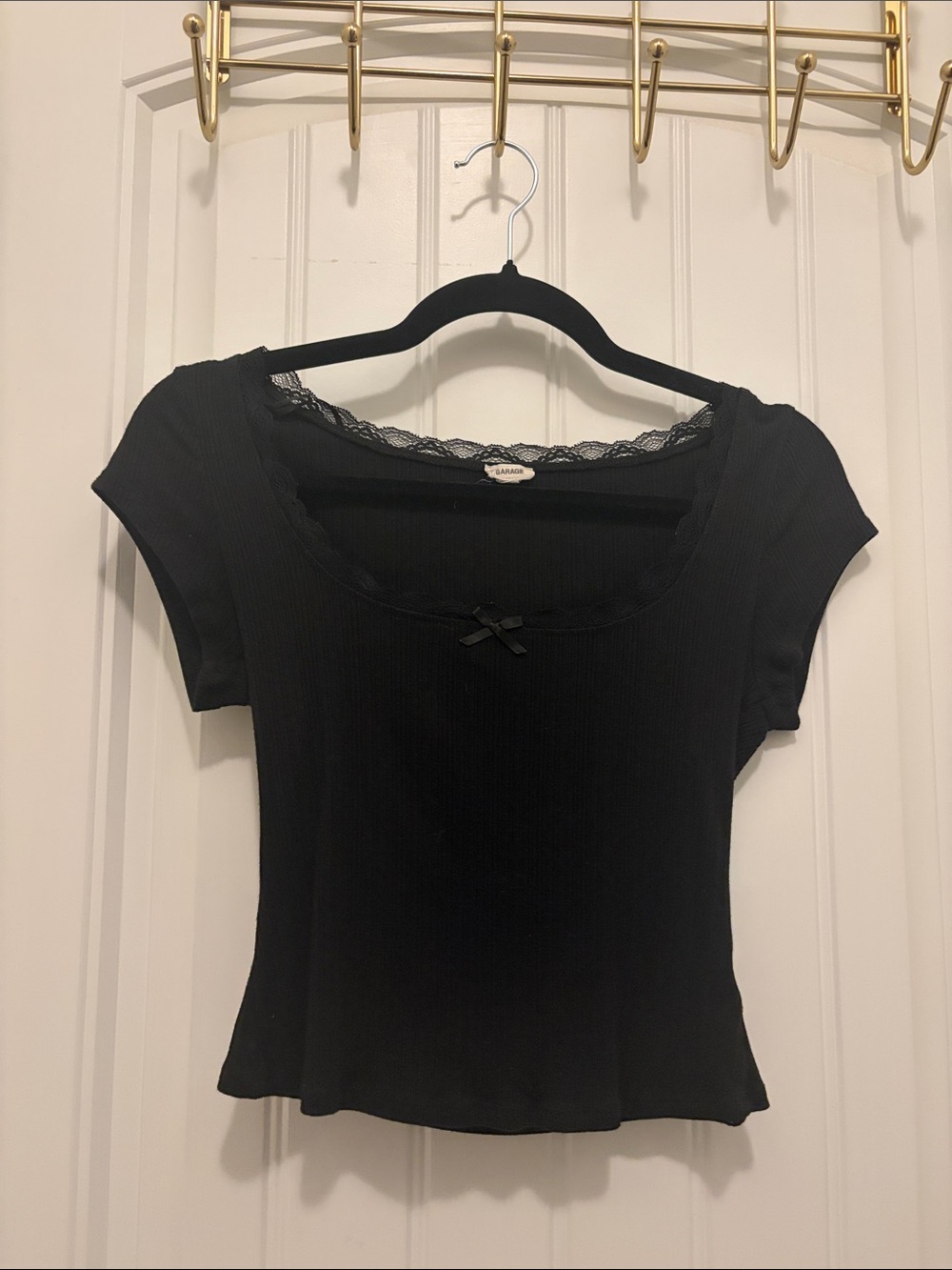 Garage Black Lace-Trim Ribbed Crop Top